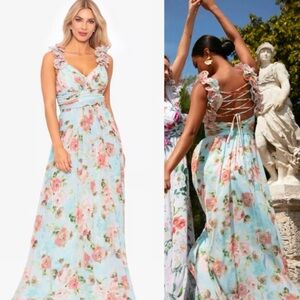 $248 Betsy & Adam Floral Print Ruffled Front Lace-Up Back Gown Dress Size 12